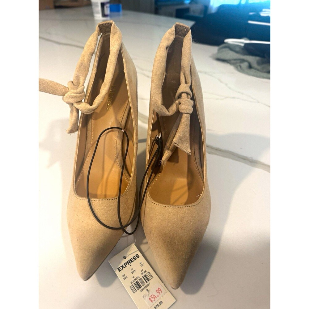 Express Women’s Beige Suede Pointed Toe Stiletto Pump Ankle Strap Tie 9